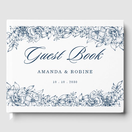 Blauw witte bloem Elegant Gastenboek (Voorkant)