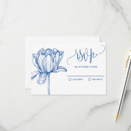 Blauw witte bloem elegant  RSVP kaartje