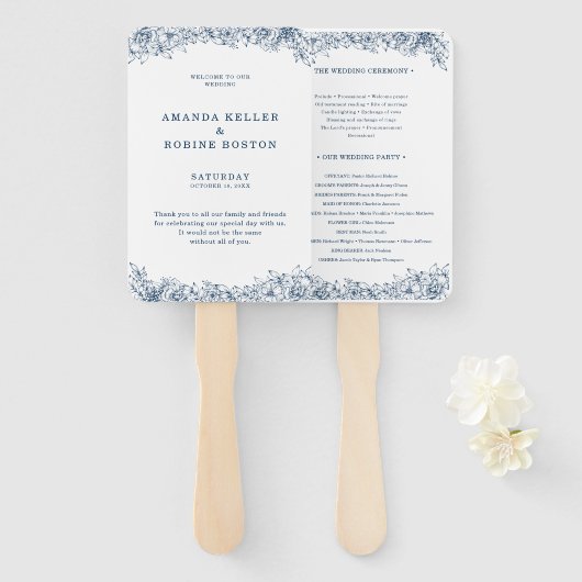 Blauw Witte Bloem Elegante bruiloft Handwaaier (Voorkant en achterkant)