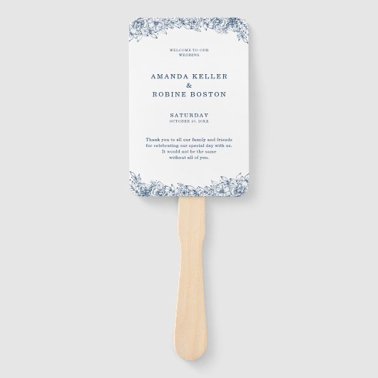 Blauw Witte Bloem Elegante bruiloft Handwaaier (Voorkant)