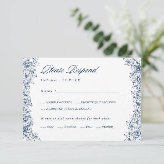 Blauw Witte Bloem Elegante Menukeuze RSVP-kaart RSVP Kaartje (Staand voorkant)
