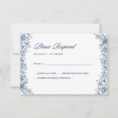 Blauw Witte Bloem Elegante Trouwkaart RSVP (Voorkant)