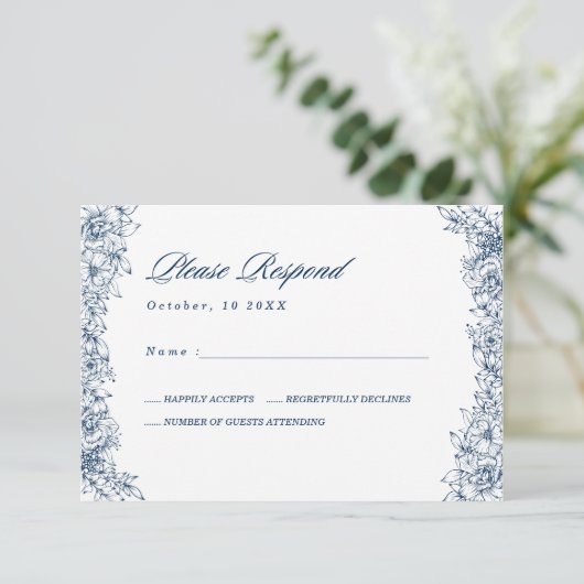 Blauw Witte Bloem Elegante Trouwkaart RSVP (Staand voorkant)