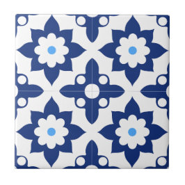 Blauw & Witte Bloem Geometrisch Tegeltje
