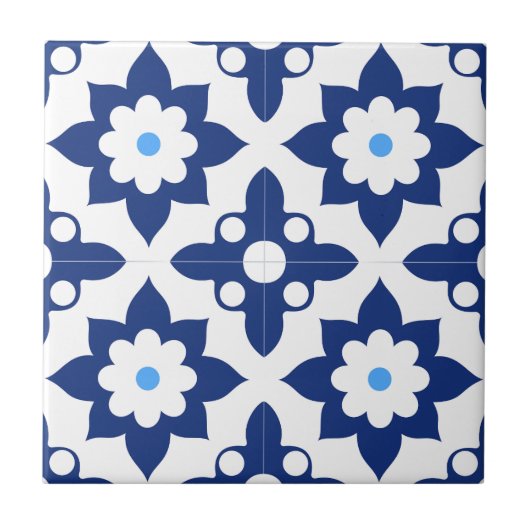 Blauw & Witte Bloem Geometrisch Tegeltje (Voorkant)