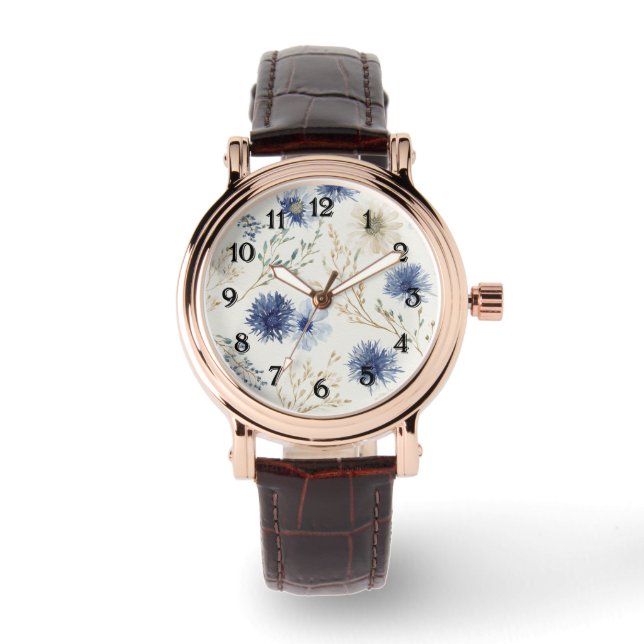 Blauw Witte Bloem  Horloge (Voorkant)