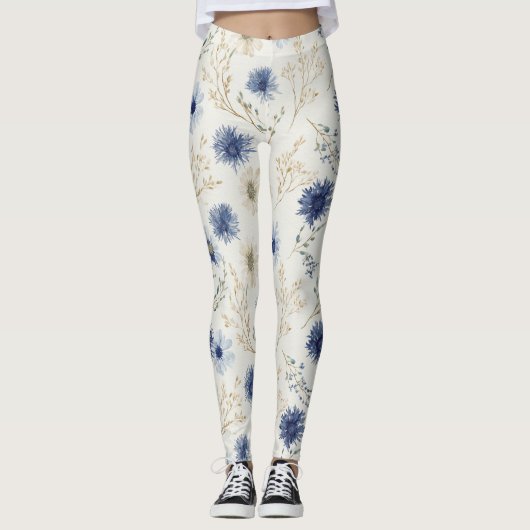 Blauw Witte Bloem  Leggings (Voorkant)