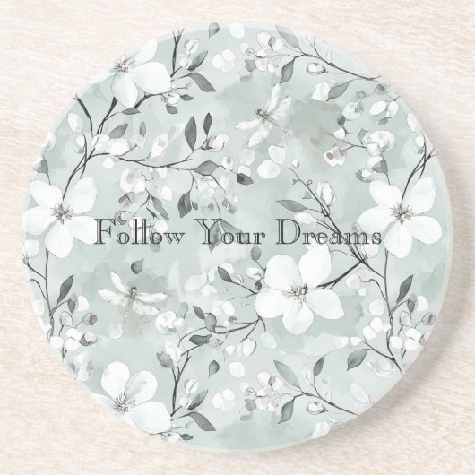 Blauw Witte Bloem Libellen Zandsteen Onderzetter (Voorkant)