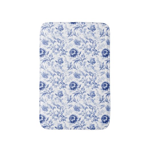 Blauw Witte Bloem Motief Frans Landelijk Waterverf Badmat (Voorkant Verticaal)