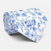 Blauw Witte Bloem Paisley Bruidsjonker Huwelijk Stropdas (Opgerold)