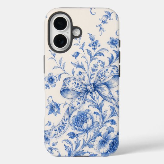 Blauw Witte Bloem Toile Lint Mobiele Hoes (Achterkant)