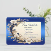 Blauw Witte Bloem Versiering Bewaar De Datum Save The Date (Staand voorkant)