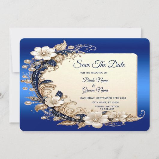 Blauw Witte Bloem Versiering Bewaar De Datum Save The Date (Voorkant)