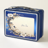 Blauw Witte Bloem Versiering Lunchbox (Achterkant)
