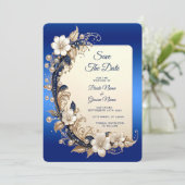 Blauw Witte Bloem Versiering Save The Date (Staand voorkant)