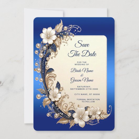 Blauw Witte Bloem Versiering Save The Date (Voorkant)