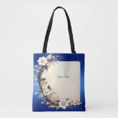 Blauw Witte Bloem Versiering Tote Tas (Voorkant)
