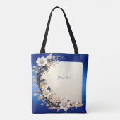 Blauw Witte Bloem Versiering Tote Tas (Achterkant)