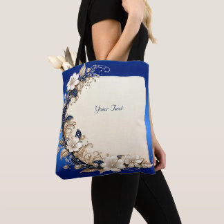 Blauw Witte Bloem Versiering Tote Tas