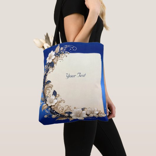 Blauw Witte Bloem Versiering Tote Tas (Dichtbij)