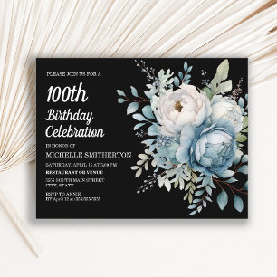 Blauw Witte Bloem Zwarte 100ste Verjaardag Vrouw Uitnodiging Briefkaart