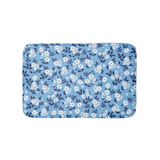 Blauw, witte bloemen: badmat (Voorkant)