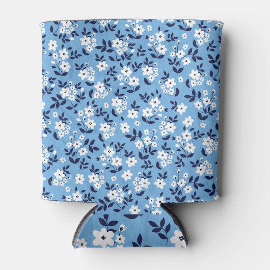 Blauw, witte bloemen: blikjeskoeler (Voorkant)