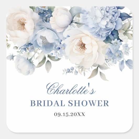 Blauw & Witte Bloemen Bruidsdouche Vierkante Sticker (Voorkant)