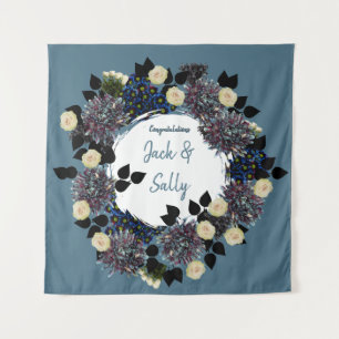 Blauw-witte bloemen bruiloft achtergrond wandkleed