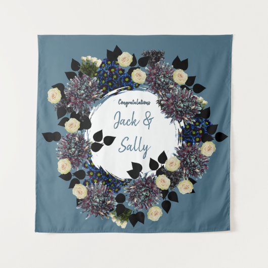 Blauw-witte bloemen bruiloft achtergrond wandkleed (Voorkant)