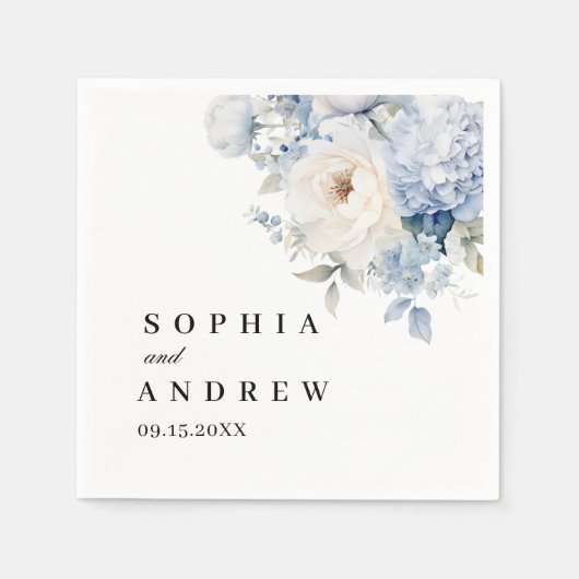 Blauw & Witte Bloemen Bruiloft Servetten (Voorkant)