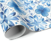 Blauw Witte Bloemen Bruiloftsfeest Cadeaupapier (Rol Hoek)