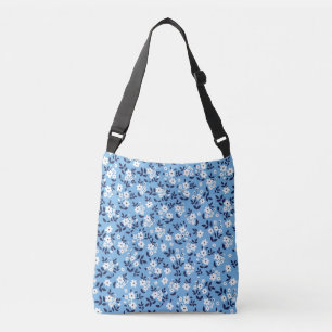 Blauw, witte bloemen:  crossbody tas