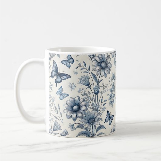 Blauw-witte  bloemen en vlinderkoffie koffiemok (Links)