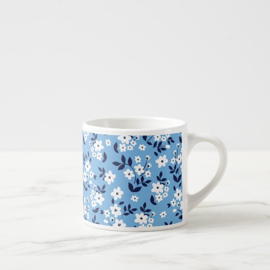 Blauw, witte bloemen:  espresso kop (Rechts)