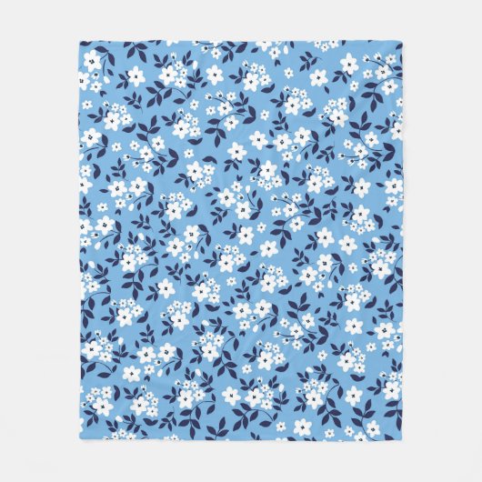 Blauw, witte bloemen:  fleece deken (Voorkant)