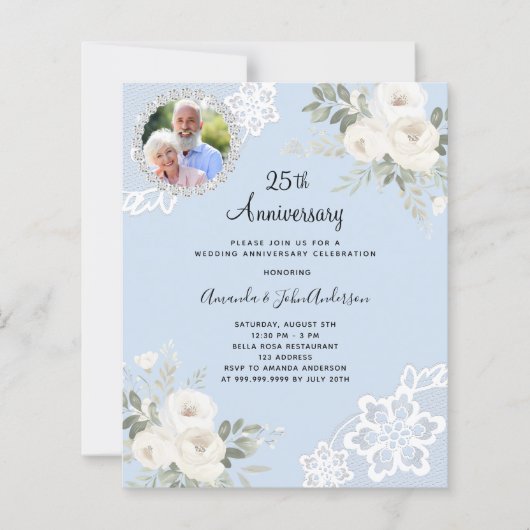 Blauw witte bloemen foto 25e huwelijksuitnodiging (Voorkant)