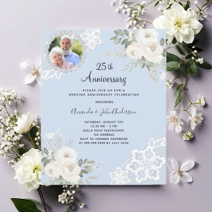 Blauw witte bloemen foto 25e huwelijksuitnodiging