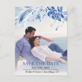 Blauw-witte bloemen foto Save the Date Briefkaart (Voorkant)