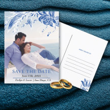 Blauw-witte bloemen foto Save the Date