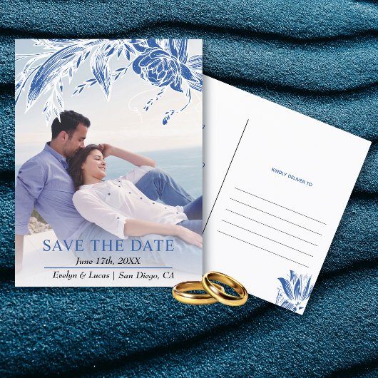 Blauw-witte bloemen foto Save the Date Briefkaart