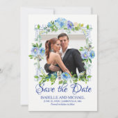 Blauw-witte bloemen Foto Save the Date kaart (Voorkant)