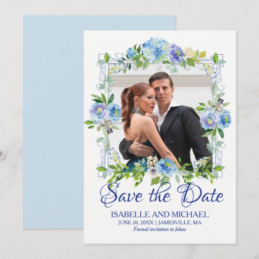 Blauw-witte bloemen Foto Save the Date kaart (Voorkant / Achterkant)