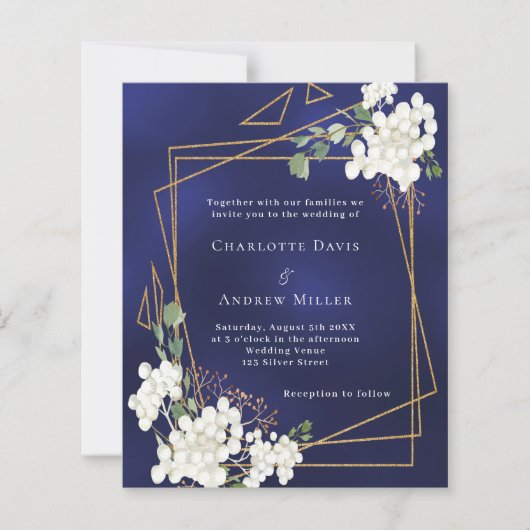 Blauw witte bloemen geometrische bruiloft uitnodig (Voorkant)