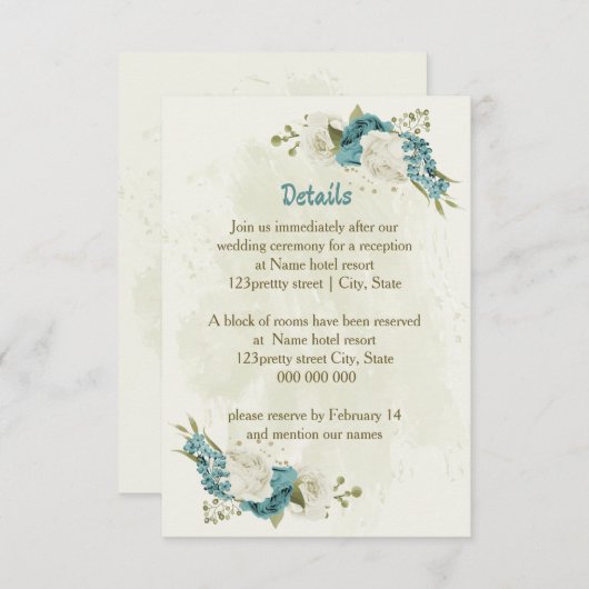 Blauw Witte Bloemen Groen Bruiloftsdetails Informatiekaartje (Voorkant / Achterkant)