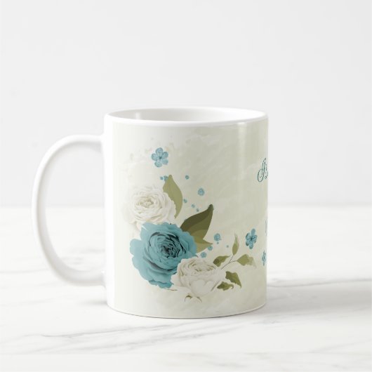 blauw witte bloemen groen koffiemok (Links)