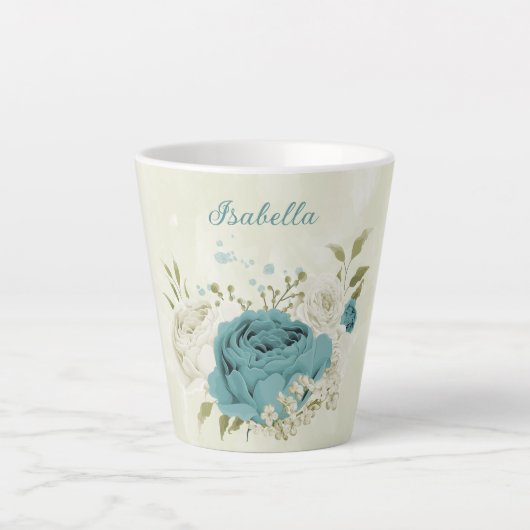blauw witte bloemen groen latte mok (Voorkant)