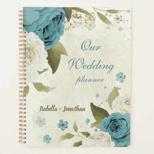 blauw witte bloemen groen trouwfeest planner (Voorkant)