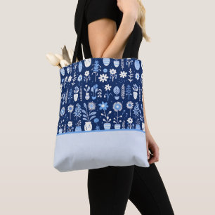 Blauw-witte bloemen in vazen, kleurenblok tote bag