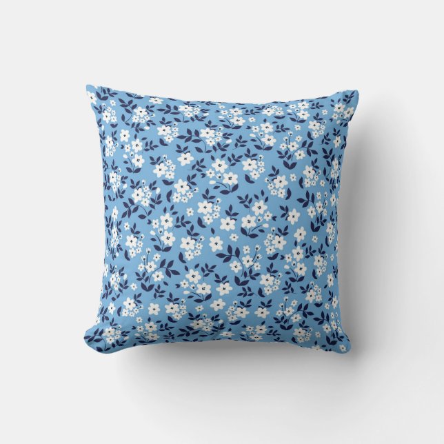 Blauw, witte bloemen:  kussen (Voorkant)